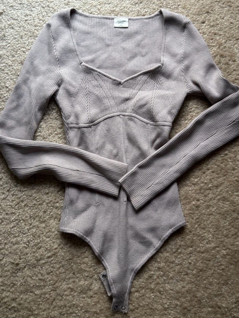Abercrombie Fitch Taupe Ribbed Knit Bodysuit Corset Seams Long Sleeve Size S